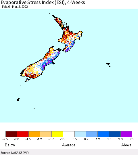 New Zealand Evaporative Stress Index (ESI), 4-Weeks Thematic Map For 2/28/2022 - 3/6/2022