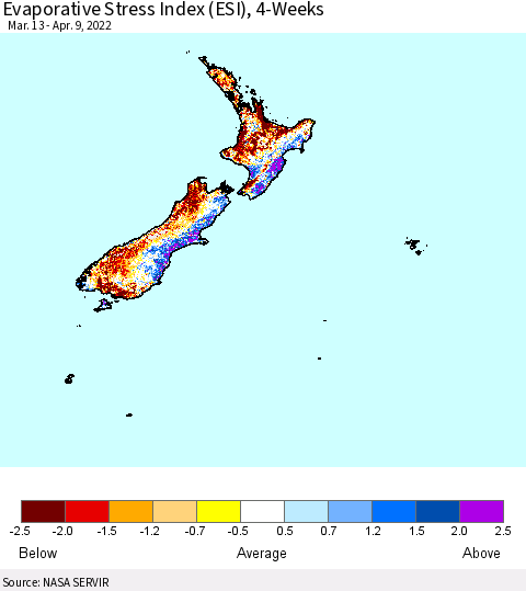 New Zealand Evaporative Stress Index (ESI), 4-Weeks Thematic Map For 4/4/2022 - 4/10/2022