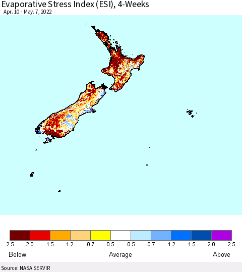 New Zealand Evaporative Stress Index (ESI), 4-Weeks Thematic Map For 5/2/2022 - 5/8/2022