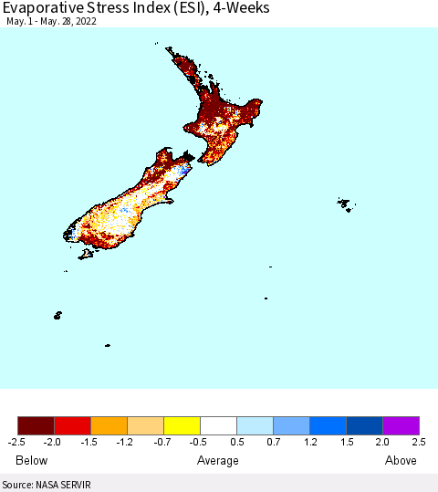 New Zealand Evaporative Stress Index (ESI), 4-Weeks Thematic Map For 5/23/2022 - 5/29/2022