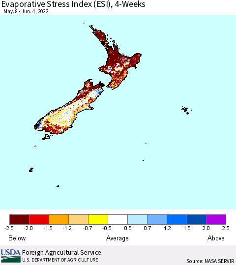 New Zealand Evaporative Stress Index (ESI), 4-Weeks Thematic Map For 5/30/2022 - 6/5/2022