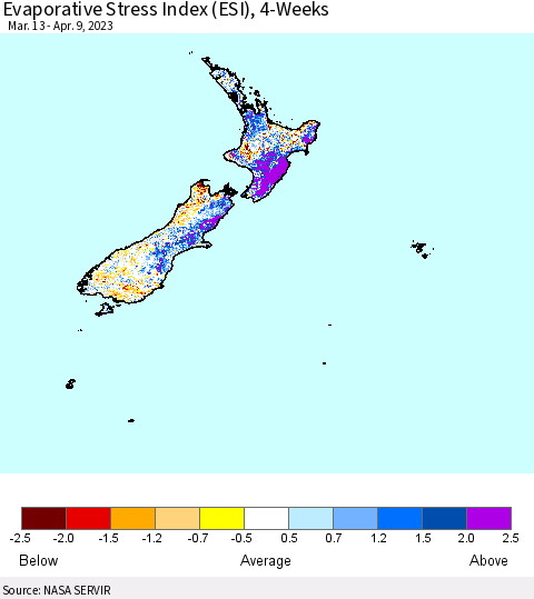 New Zealand Evaporative Stress Index (ESI), 4-Weeks Thematic Map For 4/3/2023 - 4/9/2023