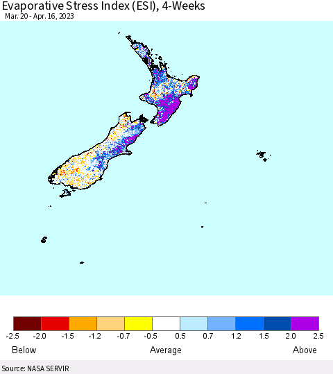 New Zealand Evaporative Stress Index (ESI), 4-Weeks Thematic Map For 4/10/2023 - 4/16/2023