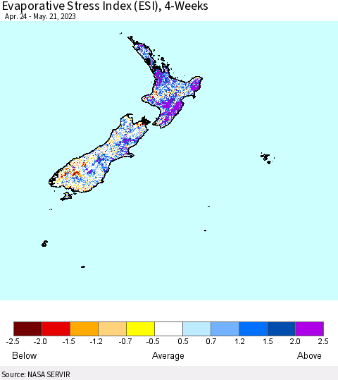 New Zealand Evaporative Stress Index (ESI), 4-Weeks Thematic Map For 5/15/2023 - 5/21/2023
