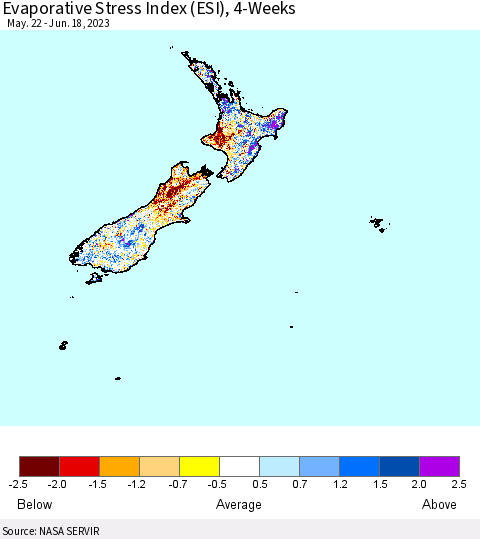 New Zealand Evaporative Stress Index (ESI), 4-Weeks Thematic Map For 6/12/2023 - 6/18/2023