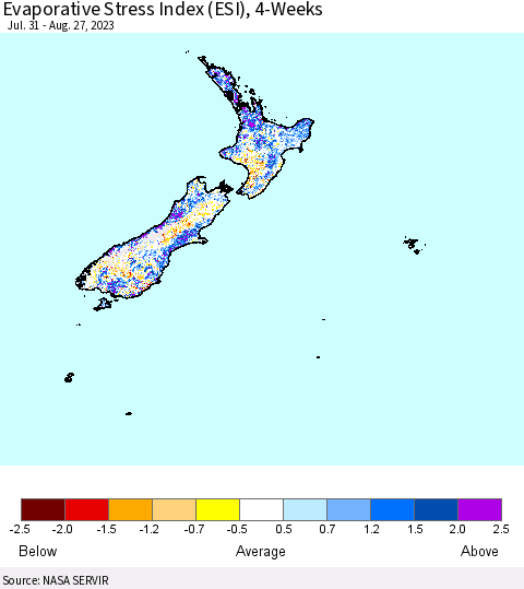 New Zealand Evaporative Stress Index (ESI), 4-Weeks Thematic Map For 8/21/2023 - 8/27/2023