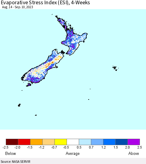 New Zealand Evaporative Stress Index (ESI), 4-Weeks Thematic Map For 9/4/2023 - 9/10/2023