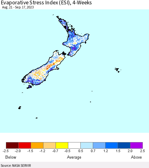 New Zealand Evaporative Stress Index (ESI), 4-Weeks Thematic Map For 9/11/2023 - 9/17/2023