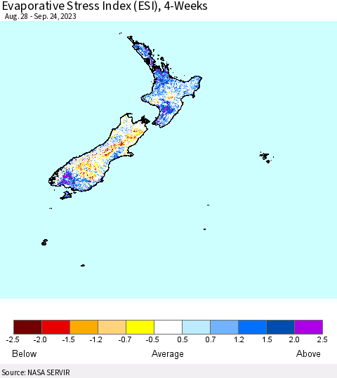 New Zealand Evaporative Stress Index (ESI), 4-Weeks Thematic Map For 9/18/2023 - 9/24/2023