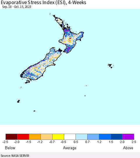 New Zealand Evaporative Stress Index (ESI), 4-Weeks Thematic Map For 10/9/2023 - 10/15/2023
