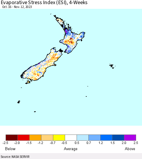 New Zealand Evaporative Stress Index (ESI), 4-Weeks Thematic Map For 11/6/2023 - 11/12/2023
