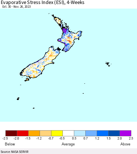 New Zealand Evaporative Stress Index (ESI), 4-Weeks Thematic Map For 11/20/2023 - 11/26/2023