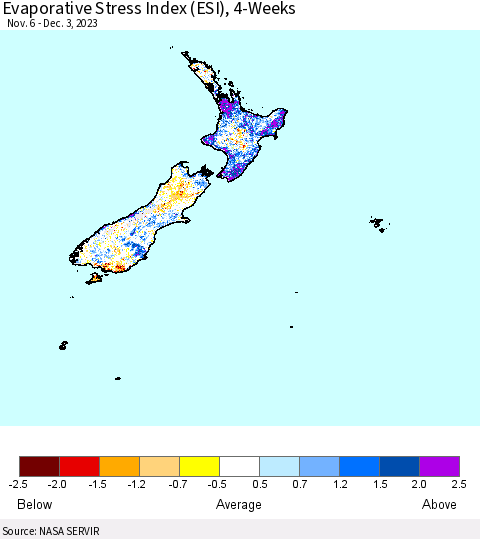 New Zealand Evaporative Stress Index (ESI), 4-Weeks Thematic Map For 11/27/2023 - 12/3/2023