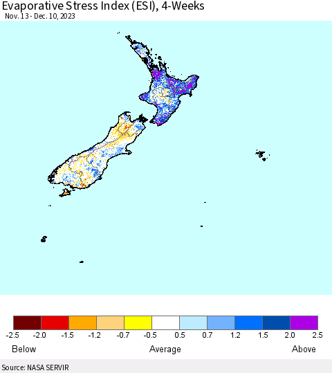 New Zealand Evaporative Stress Index (ESI), 4-Weeks Thematic Map For 12/4/2023 - 12/10/2023
