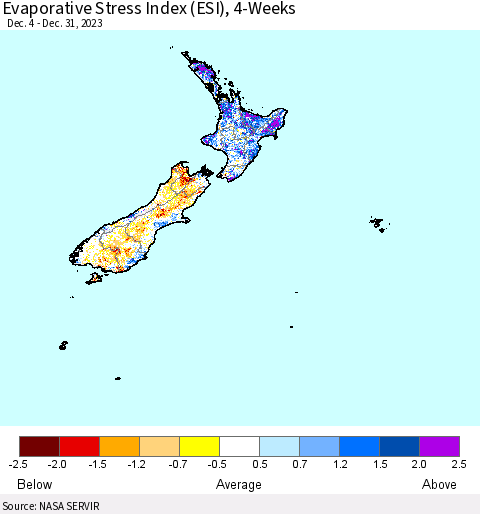 New Zealand Evaporative Stress Index (ESI), 4-Weeks Thematic Map For 1/1/2024 - 1/7/2024
