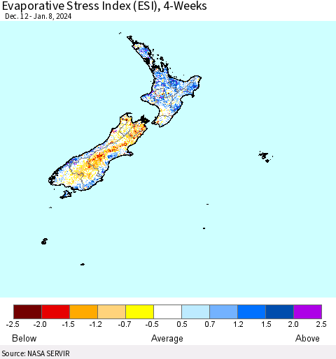 New Zealand Evaporative Stress Index (ESI), 4-Weeks Thematic Map For 1/8/2024 - 1/14/2024