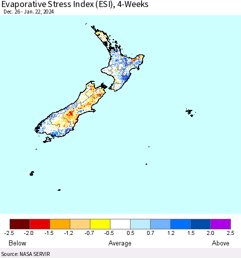 New Zealand Evaporative Stress Index (ESI), 4-Weeks Thematic Map For 1/22/2024 - 1/28/2024