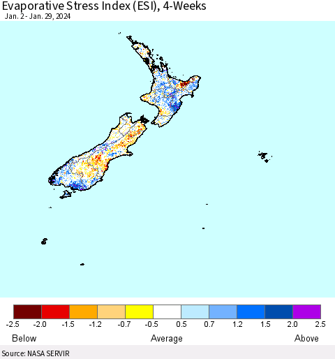 New Zealand Evaporative Stress Index (ESI), 4-Weeks Thematic Map For 1/29/2024 - 2/4/2024