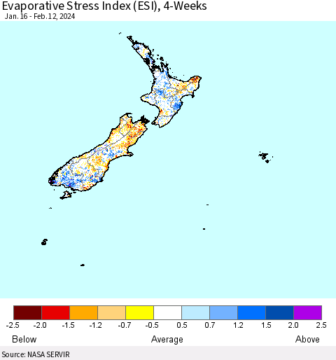 New Zealand Evaporative Stress Index (ESI), 4-Weeks Thematic Map For 2/12/2024 - 2/18/2024