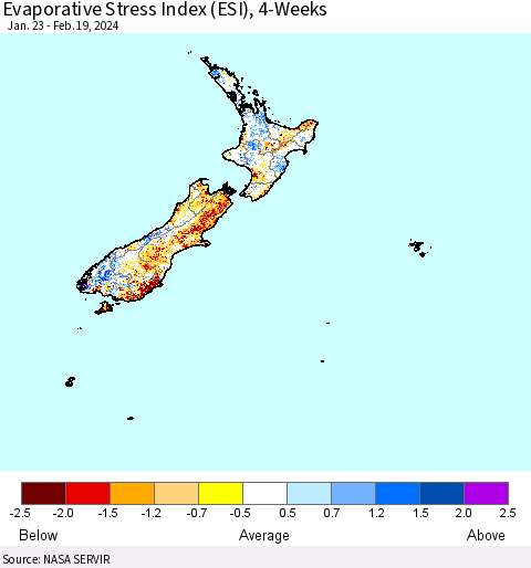 New Zealand Evaporative Stress Index (ESI), 4-Weeks Thematic Map For 2/19/2024 - 2/25/2024
