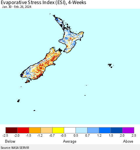 New Zealand Evaporative Stress Index (ESI), 4-Weeks Thematic Map For 2/26/2024 - 3/3/2024