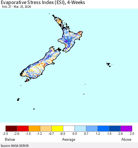 New Zealand Evaporative Stress Index (ESI), 4-Weeks Thematic Map For 3/25/2024 - 3/31/2024