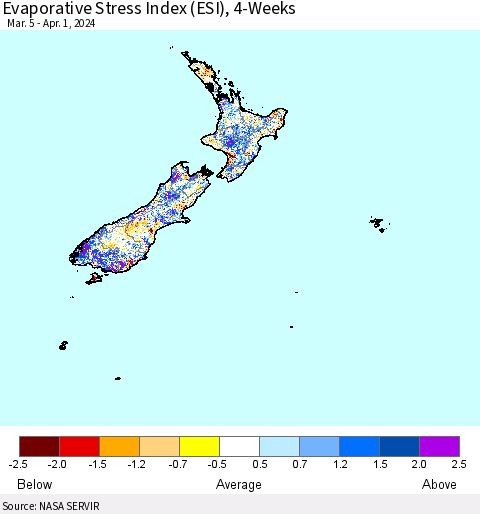 New Zealand Evaporative Stress Index (ESI), 4-Weeks Thematic Map For 4/1/2024 - 4/7/2024