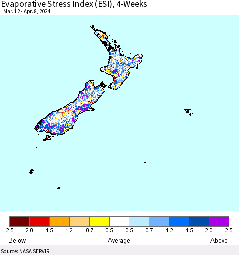 New Zealand Evaporative Stress Index (ESI), 4-Weeks Thematic Map For 4/8/2024 - 4/14/2024