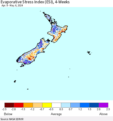 New Zealand Evaporative Stress Index (ESI), 4-Weeks Thematic Map For 5/6/2024 - 5/12/2024