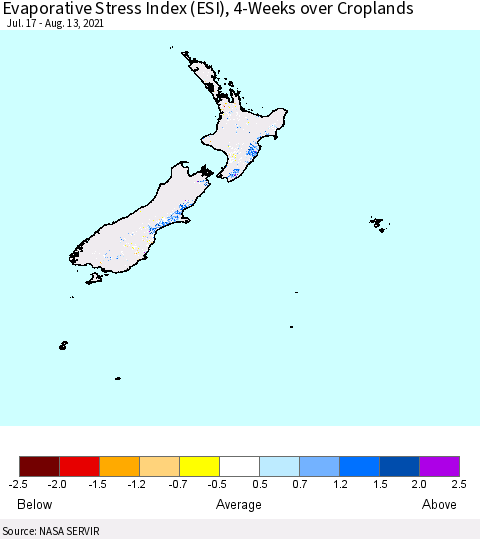 New Zealand Evaporative Stress Index (ESI), 4-Weeks over Croplands Thematic Map For 8/9/2021 - 8/15/2021