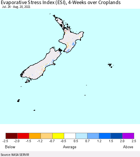 New Zealand Evaporative Stress Index (ESI), 4-Weeks over Croplands Thematic Map For 8/16/2021 - 8/22/2021