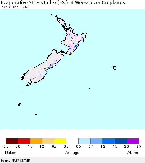 New Zealand Evaporative Stress Index (ESI), 4-Weeks over Croplands Thematic Map For 9/27/2021 - 10/3/2021
