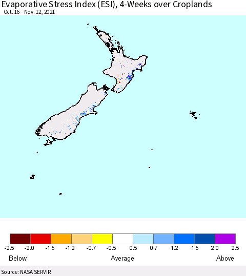 New Zealand Evaporative Stress Index (ESI), 4-Weeks over Croplands Thematic Map For 11/8/2021 - 11/14/2021