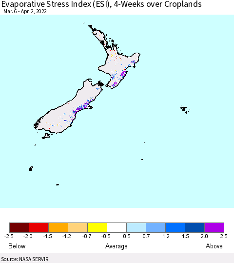New Zealand Evaporative Stress Index (ESI), 4-Weeks over Croplands Thematic Map For 3/28/2022 - 4/3/2022