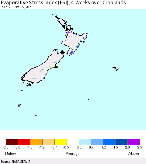 New Zealand Evaporative Stress Index (ESI), 4-Weeks over Croplands Thematic Map For 10/16/2023 - 10/22/2023