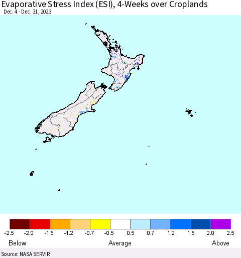 New Zealand Evaporative Stress Index (ESI), 4-Weeks over Croplands Thematic Map For 1/1/2024 - 1/7/2024