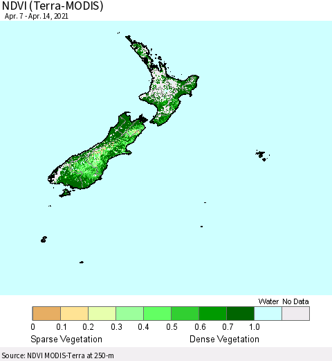 New Zealand NDVI (Terra-MODIS) Thematic Map For 4/7/2021 - 4/14/2021