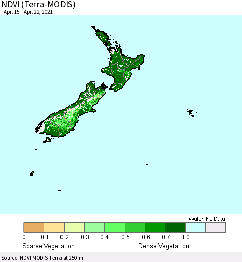 New Zealand NDVI (Terra-MODIS) Thematic Map For 4/15/2021 - 4/22/2021