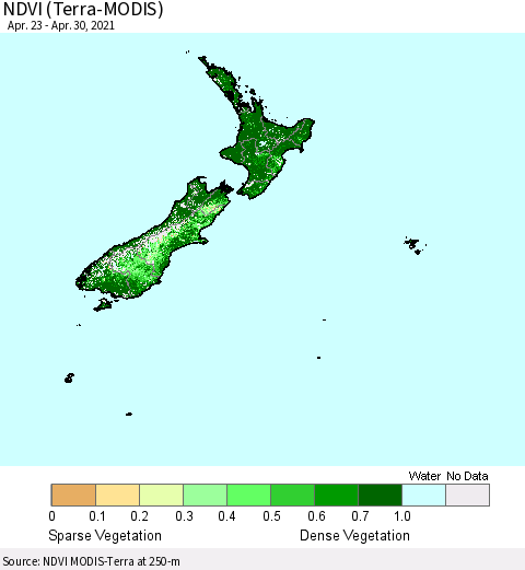 New Zealand NDVI (Terra-MODIS) Thematic Map For 4/23/2021 - 4/30/2021