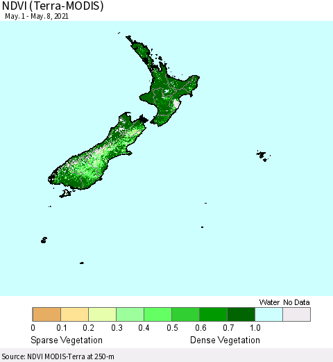New Zealand NDVI (Terra-MODIS) Thematic Map For 5/1/2021 - 5/8/2021