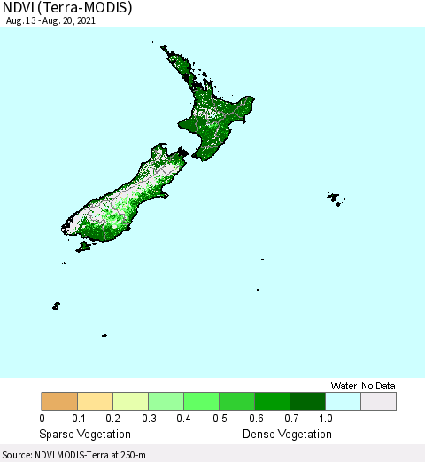 New Zealand NDVI (Terra-MODIS) Thematic Map For 8/13/2021 - 8/20/2021