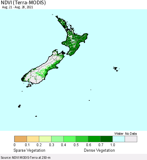 New Zealand NDVI (Terra-MODIS) Thematic Map For 8/21/2021 - 8/28/2021