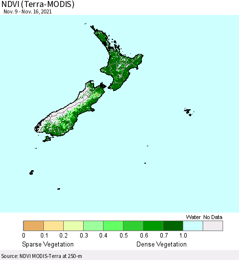 New Zealand NDVI (Terra-MODIS) Thematic Map For 11/9/2021 - 11/16/2021