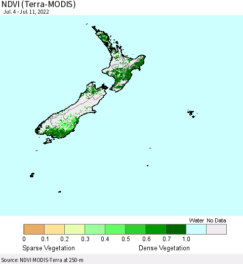 New Zealand NDVI (Terra-MODIS) Thematic Map For 7/4/2022 - 7/11/2022