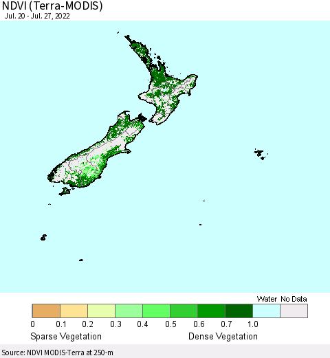 New Zealand NDVI (Terra-MODIS) Thematic Map For 7/20/2022 - 7/27/2022