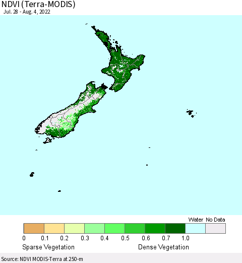 New Zealand NDVI (Terra-MODIS) Thematic Map For 7/28/2022 - 8/4/2022