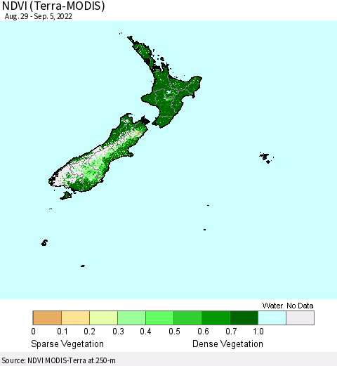 New Zealand NDVI (Terra-MODIS) Thematic Map For 8/29/2022 - 9/5/2022