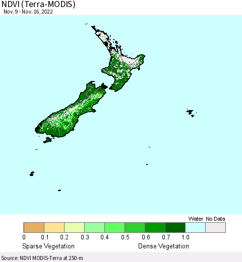 New Zealand NDVI (Terra-MODIS) Thematic Map For 11/9/2022 - 11/16/2022