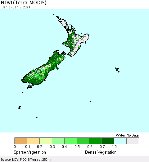 New Zealand NDVI (Terra-MODIS) Thematic Map For 1/1/2023 - 1/8/2023