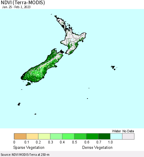 New Zealand NDVI (Terra-MODIS) Thematic Map For 1/25/2023 - 2/1/2023